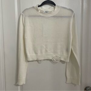 525 America Cream Long Sleeve Cropped Distressed 100% Cotton Sweater Size M